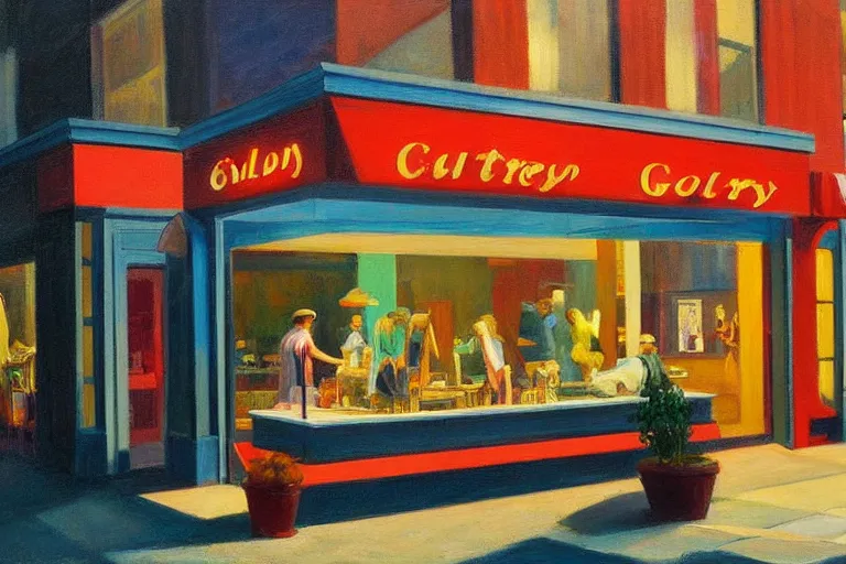 Prompt: a 7 0 s art gallery exhibition, colors americana, cinematic, volumetric lighting, ultra wide angle view, realistic, detailed painting in the style of edward hopper