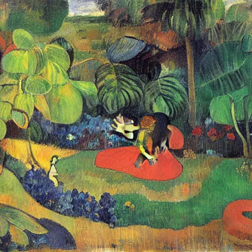 Prompt: a painting by gauguin of a small, intimate, well-designed garden