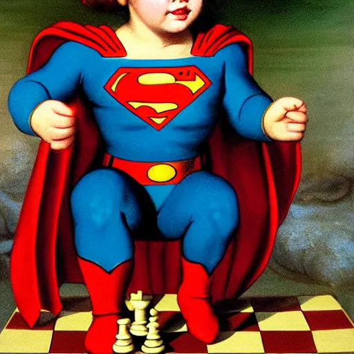 Image similar to superman baby playing chess looking wise, rococo oil painting, highly detailed