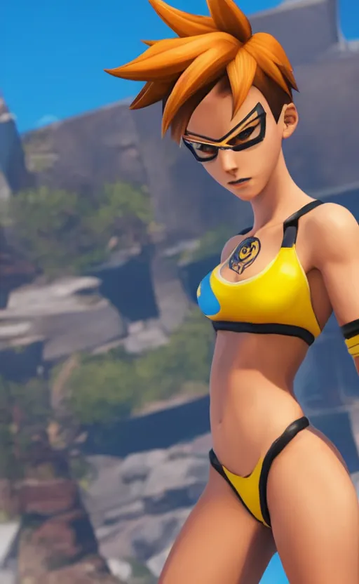 prompthunt: tracer game character, in yellow bikini thong yellow