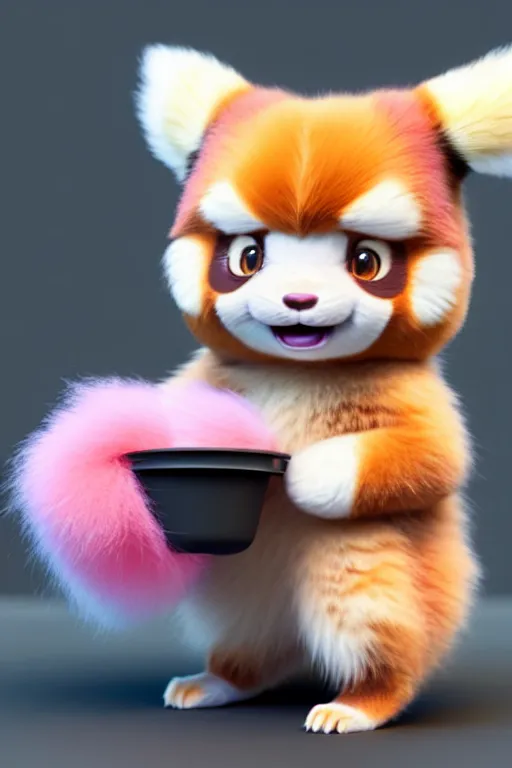 Image similar to high quality 3 d render hyperrealist very cute pastel fluffy! grumpy dragon red panda hybrid eating giant ice cream full body, vray smooth, in the style of detective pikachu, hannah yata charlie immer, dramatic pink light, low angle, uhd 8 k, sharp focus