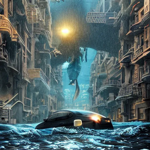 Image similar to A city street under water, below the surface, flood, atlantis, horror, liminal, hyper detailed, dramatic lighting, CGsociety, realistic, fish, hyper detailed, insane details, intricate, dramatic lighting, hypermaximalist, golden ratio, rule of thirds, octane render, weta digital, micro details, ultra wide angle, Artstation trending, 8k,