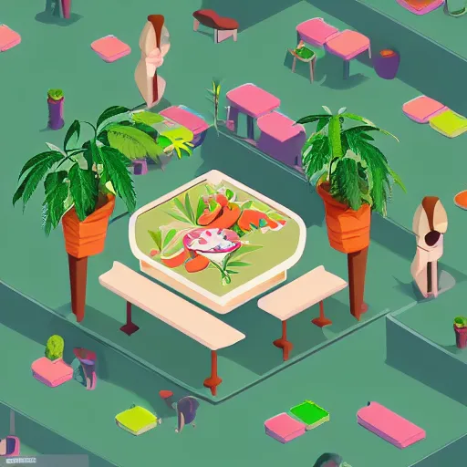 Prompt: isometric cute cartoon illustration style cafe australian, decorated with small pot plants 🪴 cannabis leaves, utopia frontage, pop art poster, beautiful colors pastel palette by will barnet pixar render