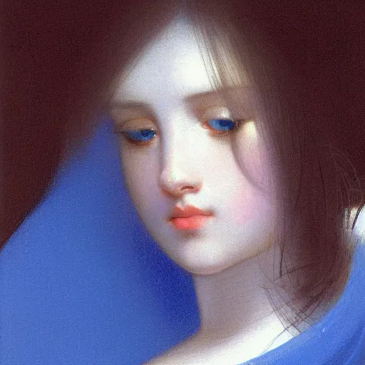 Image similar to a young woman's face in flowing sheets of cobalt blue gold chrome silver satin, by ivan aivazovsky syd mead moebius roger dean donato giancola michael whelan yoshitaka amano jan de heem pieter claesz paul delaroche alma tadema aelbert cuyp willem claesz isaac levitan, hyperrealistic volumetric light render