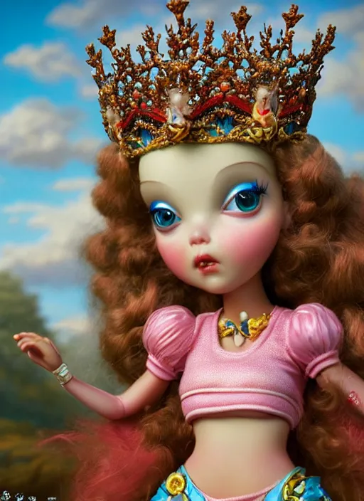 Image similar to highly detailed closeup, profile portrait of a tin toy fairytale princess wearing a crown, bikini, unreal engine, nicoletta ceccoli, mark ryden, earl norem, lostfish, global illumination, detailed and intricate environment