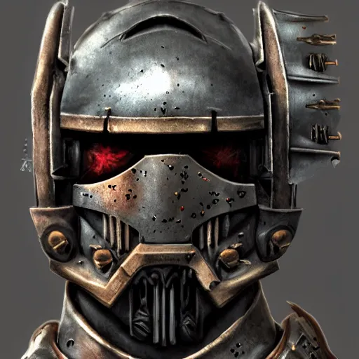 Image similar to warhammer space marine, scary helmet, terrifying, grimdark, horror, war, photorealistic, front view, symmetrical, artstation, dark souls style