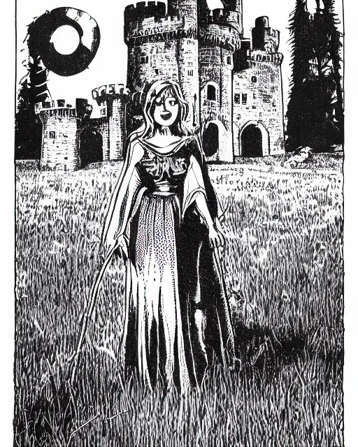 Image similar to an illustration of a haunted anamatronic, full body, standing in a field, castle in the background, pen-and-ink illustration, etching, by Russ Nicholson, DAvid A Trampier, larry elmore, 1981, HQ scan, intricate details