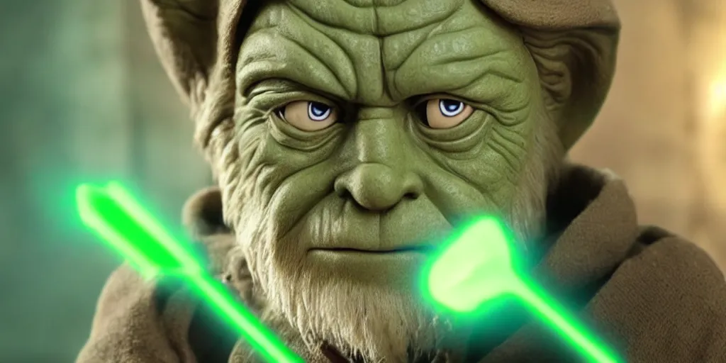 Image similar to obi - wan kenobi disney plus show season 2, green jedi master yoda puppet from 1 9 8 0 s empire strikes back and the last jedi, dagobah ultra realistic, 4 k, movie still, uhd, sharp, detailed, cinematic, render, modern