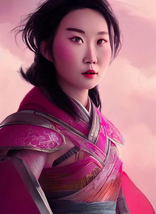 Image similar to Mulan wearing sculpted textured armor and pink flower cape, close-up of the front of the face, super sophisticated texture, enhanced noise, by Guweiz, split lighting, 4K resolution, symmetric, clear facial features, matte painting