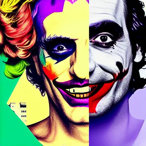 Image similar to richard hamilton and mimmo rottela as lady gaga harley queen and joaquin phoenix joker kissing, pop art, 2 color, left and right align separate, object details, dynamic composition, 4 k, ultra realistic art, smooth, sharp focus, full body portrait, illustration, concept art, intricate details, h 7 6 8