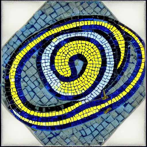 Prompt: blue and yellow snake on a black and white tile, a mosaic by william morris, behance, cobra, creative commons attribution, sketchfab, artwork