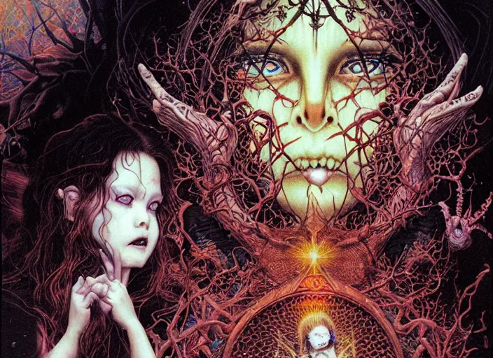 Prompt: realistic detailed image of a children performing an occult ritual at the cemetary, imps and demons lurking in the shadows by Ayami Kojima, Amano, Karol Bak, Greg Hildebrandt, and Mark Brooks, Neo-Gothic, gothic, rich deep colors. art by Takato Yamamoto. masterpiece. still from 1993 movie by Terrence Malick and Gaspar Noe