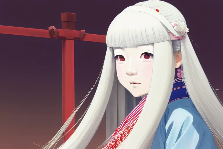 Image similar to portrait of a young japanese girl with long white hair in traditional clothing at a shinto shrine, fine detailed features, trending on pixiv fanbox, ilya kuvshinov makoto shinkai takashi takeuchi studio ghibli, akihiko yoshida, 4 k