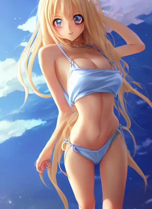 Image similar to a very beautiful young anime giantess with her tiny dad, full body, long wavy blond hair, sky blue eyes, full round face, evil grin, bikini, miniskirt, front view, mid - shot, highly detailed, cinematic wallpaper by stanley artgerm lau