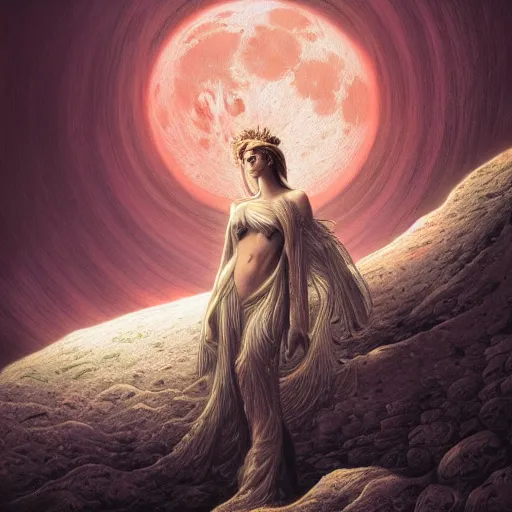 Prompt: photorealistic lunar goddess in the style of michael whelan and gustave dore. hyperdetailed photorealism, 1 0 8 megapixels, fully clothed, lunar themed attire, amazing depth, glowing rich colors, powerful imagery, psychedelic overtones, 3 d finalrender, 3 d shading, cinematic lighting, artstation concept art