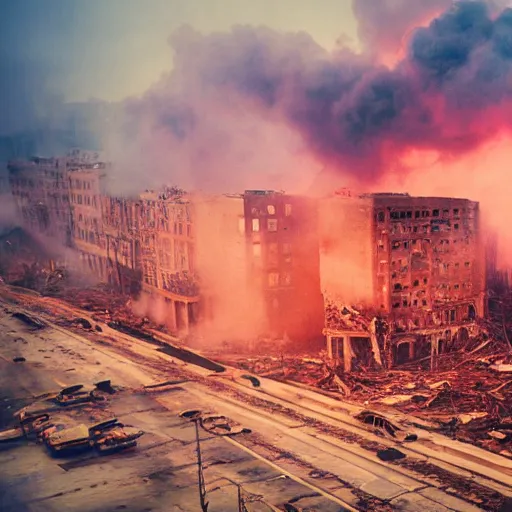 Image similar to destroyed american city, dystopian, war, real, thick vivid blue smoke, red clouds, detailed, award winning, masterpiece, photograph, cinematic