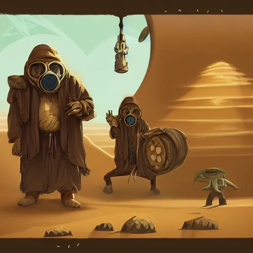 Image similar to several stoner merchants in robes with integrated bong gas mask appliances, trucking bales of herbs across an alien desert with camel-like creatures in tow. Album art by Arik Roper