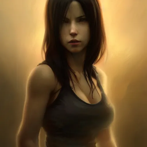 Image similar to Beautiful riveting Tifa Lockhart portrait, face centered portrait, Confident, fog, rain, volumetric lighting, beautiful, golden hour, sharp focus, ultra detailed, conceptartworld by Leesha Hannigan, Ross Tran, Thierry Doizon, Kai Carpenter,Ignacio Fernández Ríos