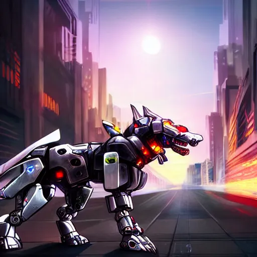 Image similar to hyper realistic, photographic, highly detailed cinematic full body shot of a mecha canine, sharp claws, sleek armor, glowing visor, charging through city, destroying city, digital art, furry art, dragon art, zoids art, furaffinity, deviantart