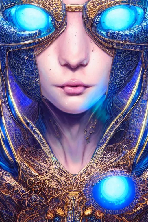 Image similar to Portrait of a psychedelic sci-fi goddess, third person, D&D, sci-fi fantasy, intricate, blue and gold, highly detailed , art by Range Murata, highly detailed, 3d, octane render, bright colors, digital painting, trending on artstation, sharp focus, illustration style of Stanley Artgerm,