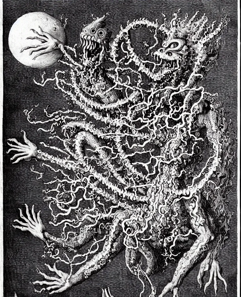 Prompt: fiery freaky whimsical monster creature sings a unique canto about'as above so below'being ignited by the spirit of haeckel and robert fludd, breakthrough is iminent, glory be to the magic within