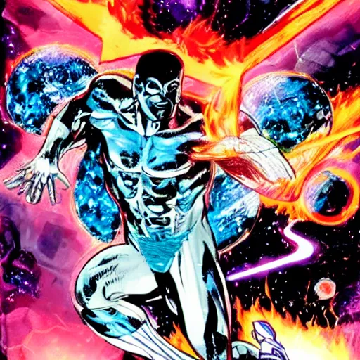 Prompt: digital illustration by bill sienkiewicz, silver surfer fighting fire lord, epic space battle, vibrant