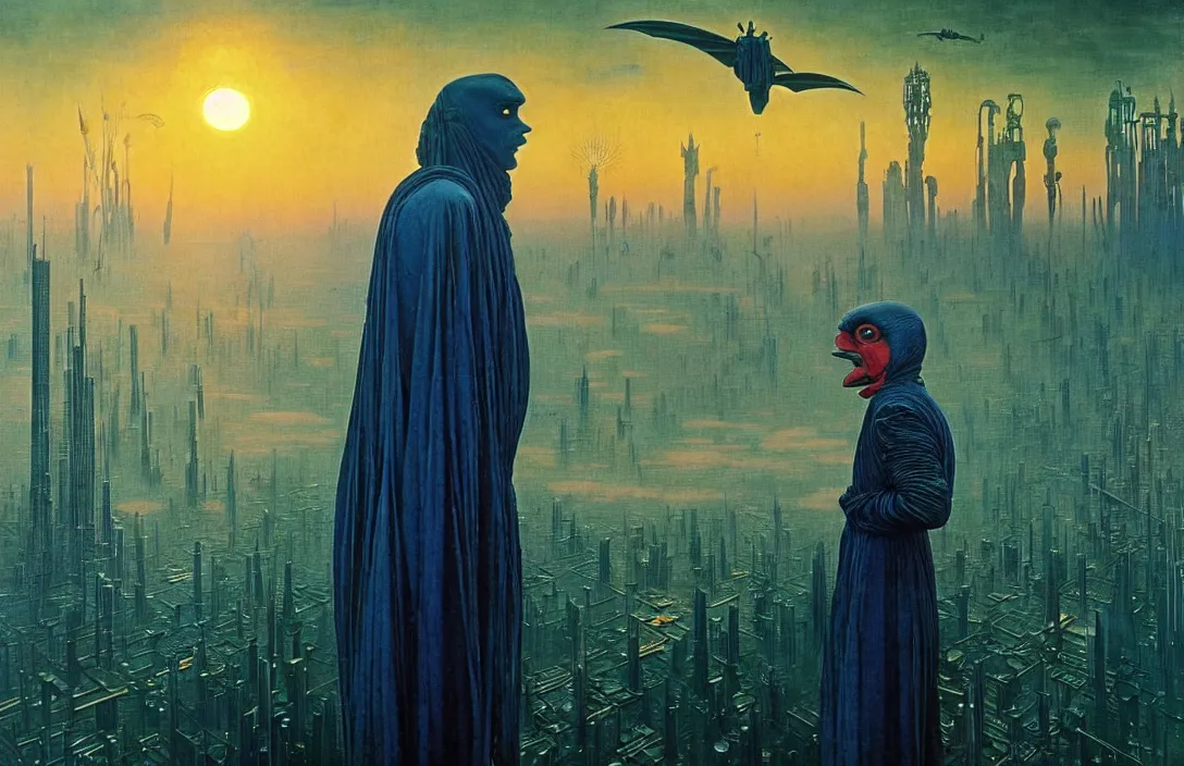 Image similar to realistic detailed portrait movie shot of a birdman wearing dark ragged robes, futuristic city sunset landscape background by denis villeneuve, amano, yves tanguy, alphonse mucha, ernst haeckel, max ernst, roger dean, ridley scott, dramatic dynamic composition, rich moody colours, blue eyes