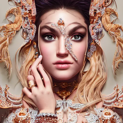 Image similar to portrait of pretty princess with perfect skin, glowing, ornate and intricate diamond jewelry, jaw dropping beauty, ornate and intricate backdrop, white accent lighting, hyper detailed, 4 k octane render