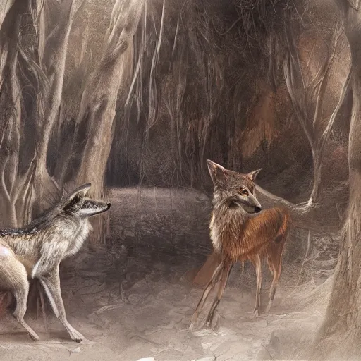 Prompt: hyper realistic and coherent view of cave interior showing a female african wolf saying good bye to male african wolf, evening in an african rainforest, by artgerm, craig mullins, fantasy, intricate, beautifully detailed line art, digital painting, concept art, artstation, sharp focus, slight depth of field, illustration