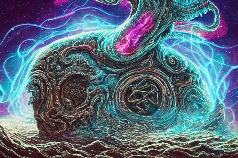 Image similar to a giant skull and flesh creature with deep and intricate rune carvings and glowing eyes and twisting lovecraftian tentacles emerging from a space nebula by dan mumford, twirling smoke trail, a twisting vortex of dying galaxies, digital art, photorealistic, vivid colors, highly detailed, intricate