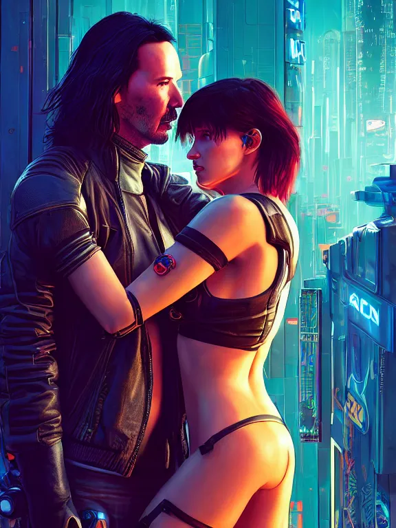 Image similar to a cyberpunk 2077 couple portrait of Keanu Reeves&female android in kiss,love,film lighting,by Laurie Greasley,Lawrence Alma-Tadema,Dan Mumford,artstation,deviantart,FAN ART,full of color,Digital painting,face enhance,highly detailed,8K,octane,golden ratio,cinematic lighting