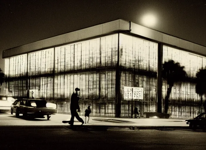 Image similar to glowing figures and a building seen from a dark parking lot in los angeles at night. 1 9 9 0 urban photography