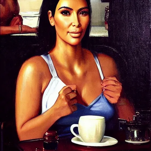 Prompt: kim kardashian at a diner, head and shoulders portrait, extremely detailed masterpiece, roger deakin ’ s cinematography, oil on canvas, norman rockwell.