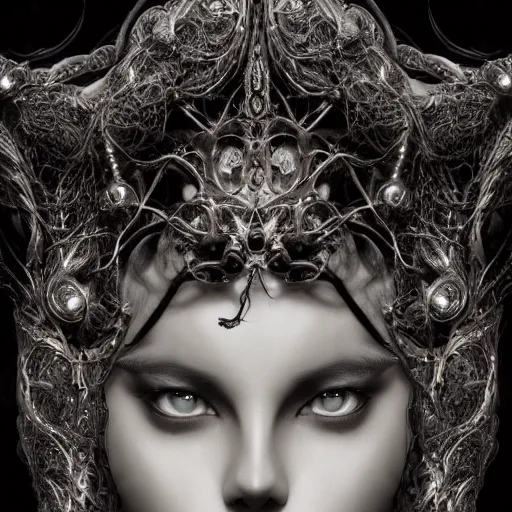 Prompt: a female model by stefan geselle and nekro borja, photorealistic, biomechanical, fractal fiberglass tendrils, intricate details, hyper realistic, ornate headpiece, dark beauty, photorealistic, canon r 3, photography, wide shot, photography, dark beauty, symmetrical features