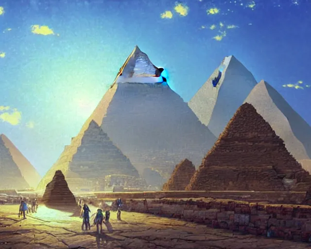 Prompt: the pyramids of giza by thomas kinkade, moebius and makoto shinkai
