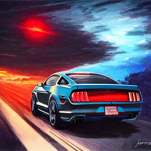 Image similar to a beautiful artwork of a mustang on a highway at night, by Jerome Opeña, featured on artstation