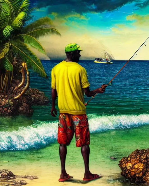 Image similar to Fisherman, Jamaican Male Fisherman, casting fishing rod into the sea, Illustration, Third-Person View, Depth of Field, Colorful with Yellow Green Black Red, insanely detailed and intricate, hypermaximalist, jamaican vibe, hyper realistic, super detailed, by Charlie Bowater, by Karol Bak