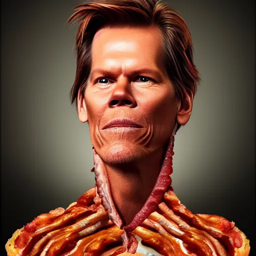 Image similar to ultra detailed kevin bacon shaped exactly like a bacon in a hamburger rendered by octane digital painting inspired by arcimboldo