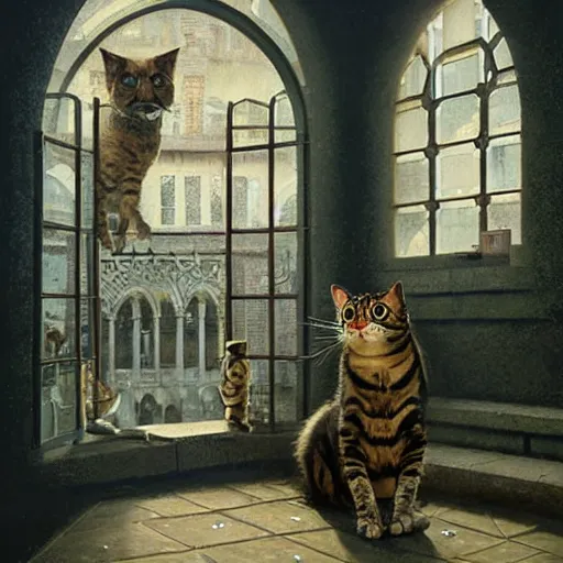 Image similar to detailed face of an intelligent scholarly cat with kind eyes in a architectonic victorian courtyard at a science expo, atmospheric, ambient, pj crook, syd mead, livia prima, artgerm, greg rutkowski, nick alm, casey baugh