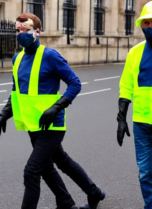 Prompt: macron wearing hivis and rubber gloves