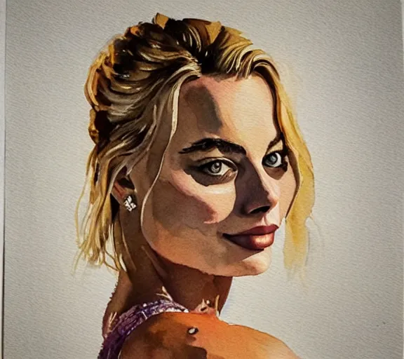 Image similar to A portrait of margot robbie made out of watercolor, trending on artstation