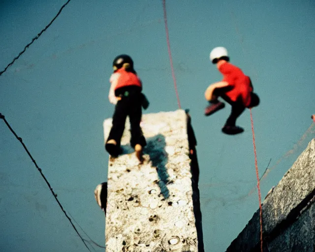 Image similar to lomo photo of roofjumpers climbing on roof of soviet hrushevka, small town, cinestill, bokeh, out of focus