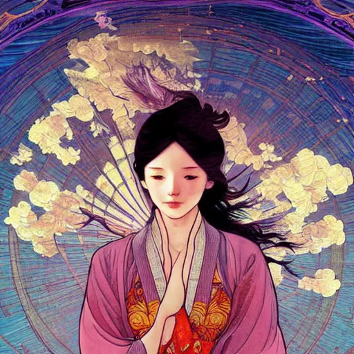 Prompt: a beautiful painting of a girl flying to the moon, wearing ancient chinese clothes, clothes floating, dramatic lighting, complementary colors, in the style of thomas river and ilya kuvshinov, alphonse mucha, miho hirano, beautiful detailed illustration