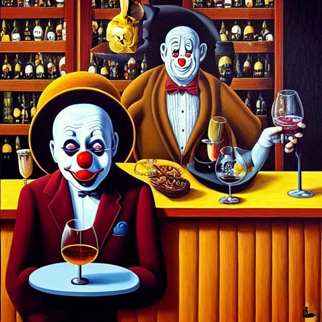 Image similar to an oil on canvas painting of a sad clown sitting by himself drinking wine in a bar, surrealism, surrealist, cosmic horror, rob gonsalves, high detail