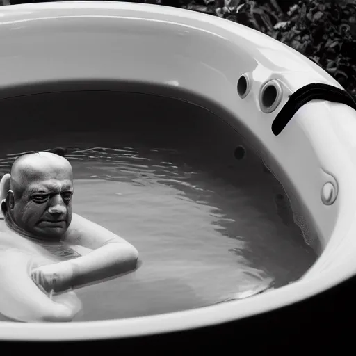 Prompt: photographic portrait by Annie Leibovitz of homer simpson in a hot tub, closeup, foggy, sepia, moody, dream-like, sigma 85mm f/1.4, 15mm, 35mm, 4k, high resolution, 4k, 8k, hd, full color