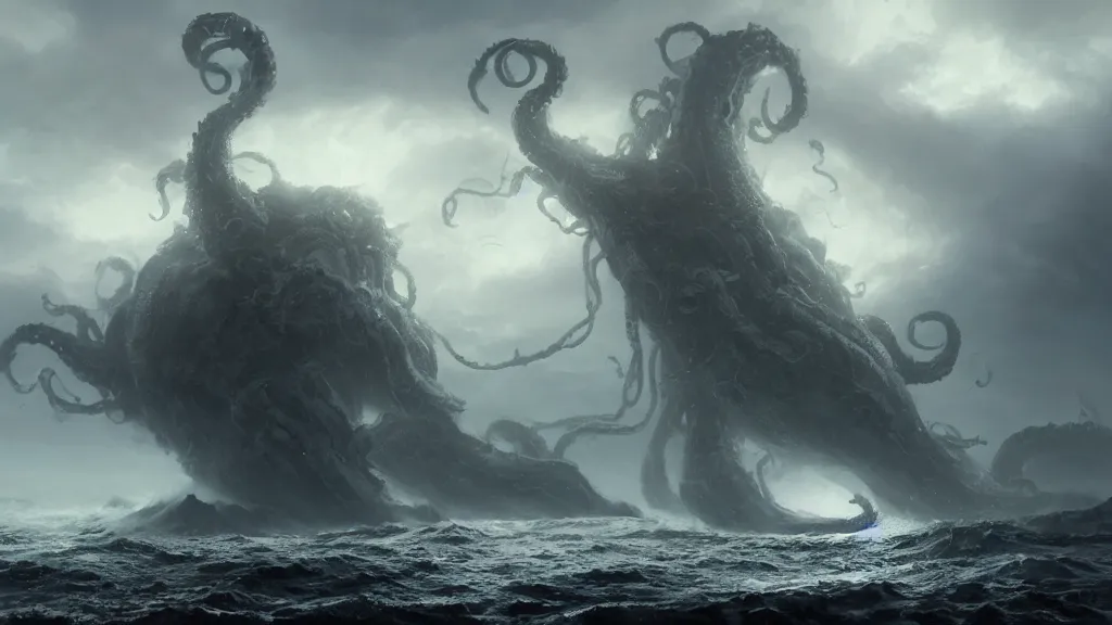 Image similar to A kraken rising out of a stormy sea, concept art, matte painting, 8k, highly detailed, artstation, Greg Rutkowski