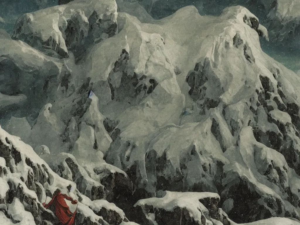 Image similar to Close up of a dreamy man, frozen, with icicles in his beard. Landscape with snowstorm, forlorn rocks, icicles, crooked forest, dark clouds, snowcapped mountains in the background. Painting by Lorenzo Lotto.