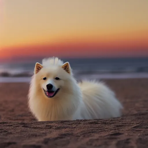 Prompt: a closeup photorealistic photograph of japanese spitz on the beach at sunset. this 4 k hd image is trending on artstation, featured on behance, well - rendered, extra crisp, features intricate detail and the style of unreal engine. golden hour