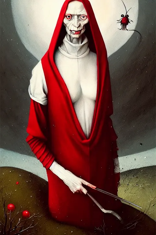 Prompt: hieronymus bosch, greg rutkowski, anna podedworna, painting of a beautiful vampire with red hair in a white woollen turtleneck dress