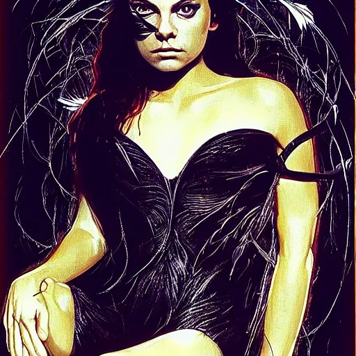 Image similar to mila kunis as the dark swan queen, black feathers instead of hair, feathers growing out of skin, black bodysuit, disney villain, dark fae, moulting, suspended in zero gravity, on spaceship with cables hanging down, highly detailed, mike mignogna, ron cobb, mucha, oil painting